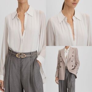 REISS DESIGNER Pleaded Cream Button Long Sleeve Collarless Blouse US 8 NWT $265